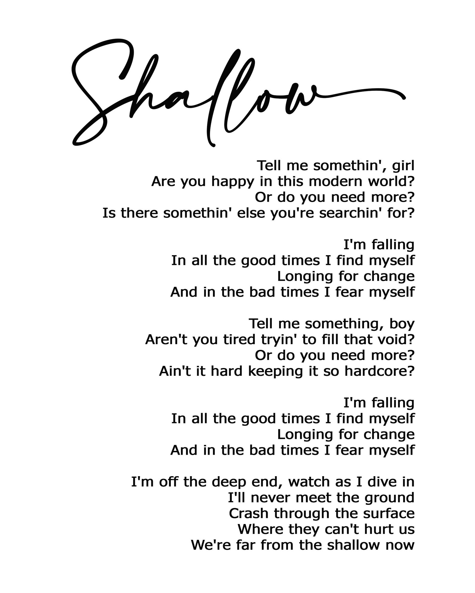 Shallow Arte Lírico Letra de la impresión de la canción | Etsy