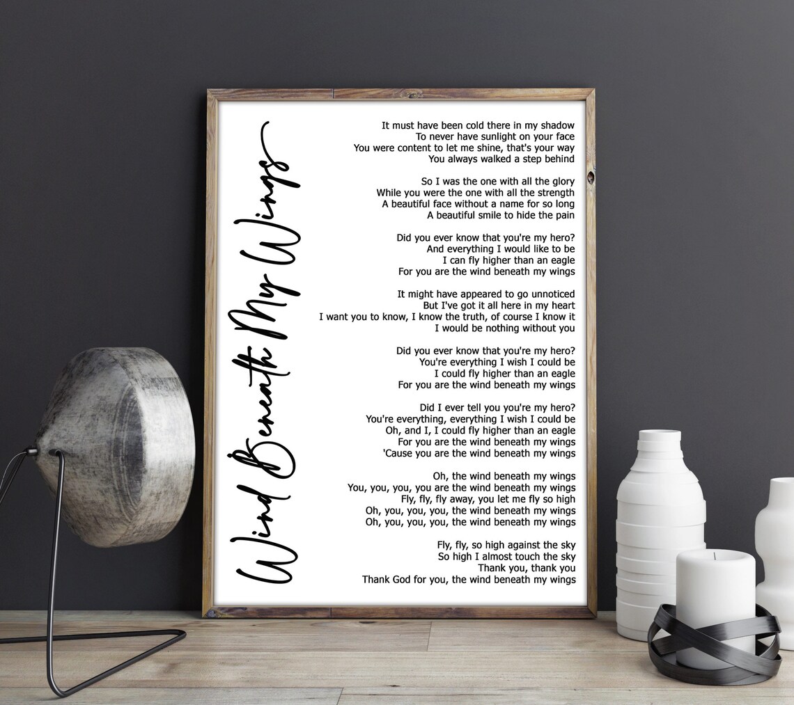 Wind Beneath My Wings Lyric Art Lyrics song print Etsy