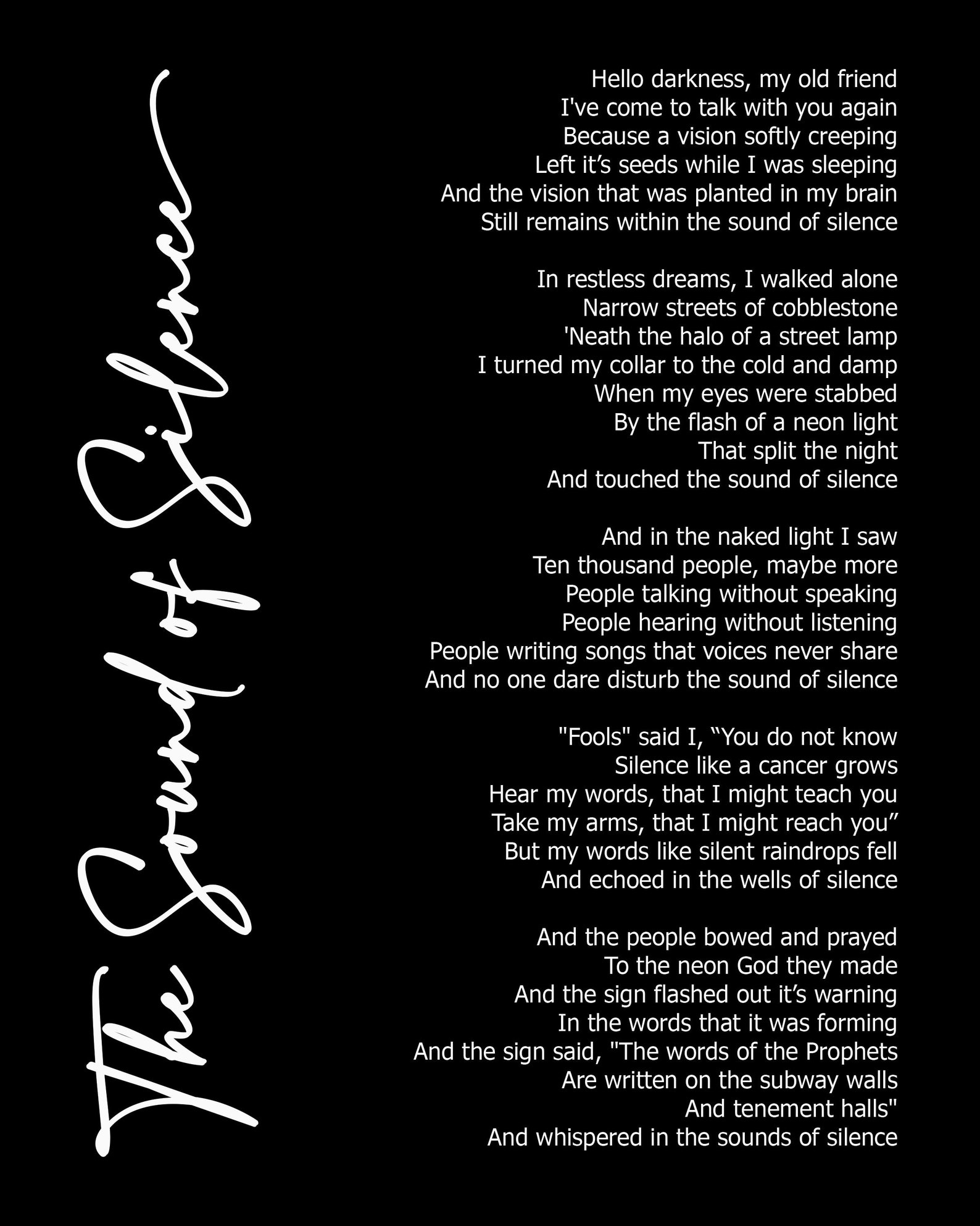 The Sound Of Silence Lyric Art Black Lyrics song print Etsy