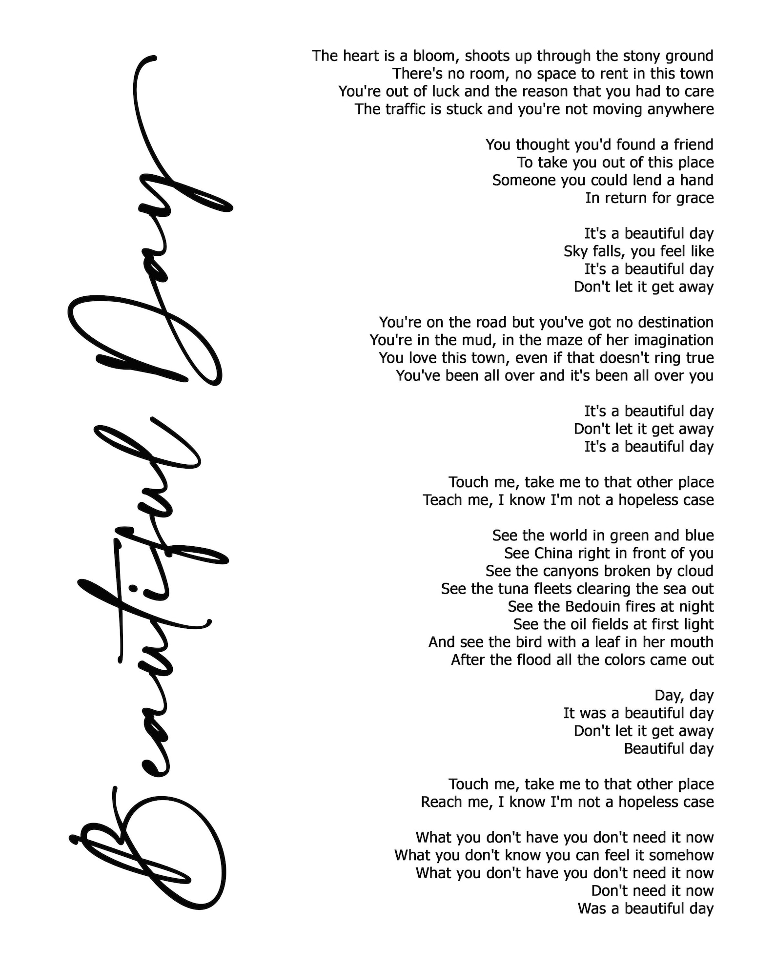 Beautiful Day Lyric Art White Lyrics song print Etsy