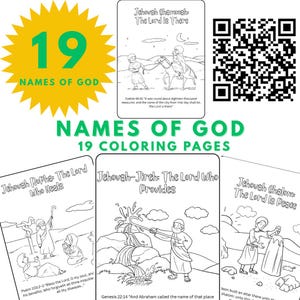 19 páginas para colorear imprimibles de los nombres de Dios para niños, grandes y sencillas, para bebés pequeños, aprendizaje divertido, referencias bíblicas, versículos bíblicos tamaño carta A4