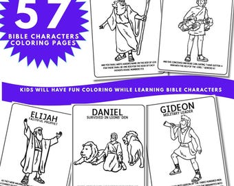 May include: A set of 57 Bible characters coloring pages for kids. Each page features a different character with a corresponding Bible verse. The pages are black and white line drawings, perfect for coloring. The set includes characters like Aaron, Cain, Elijah, Daniel, and Gideon.