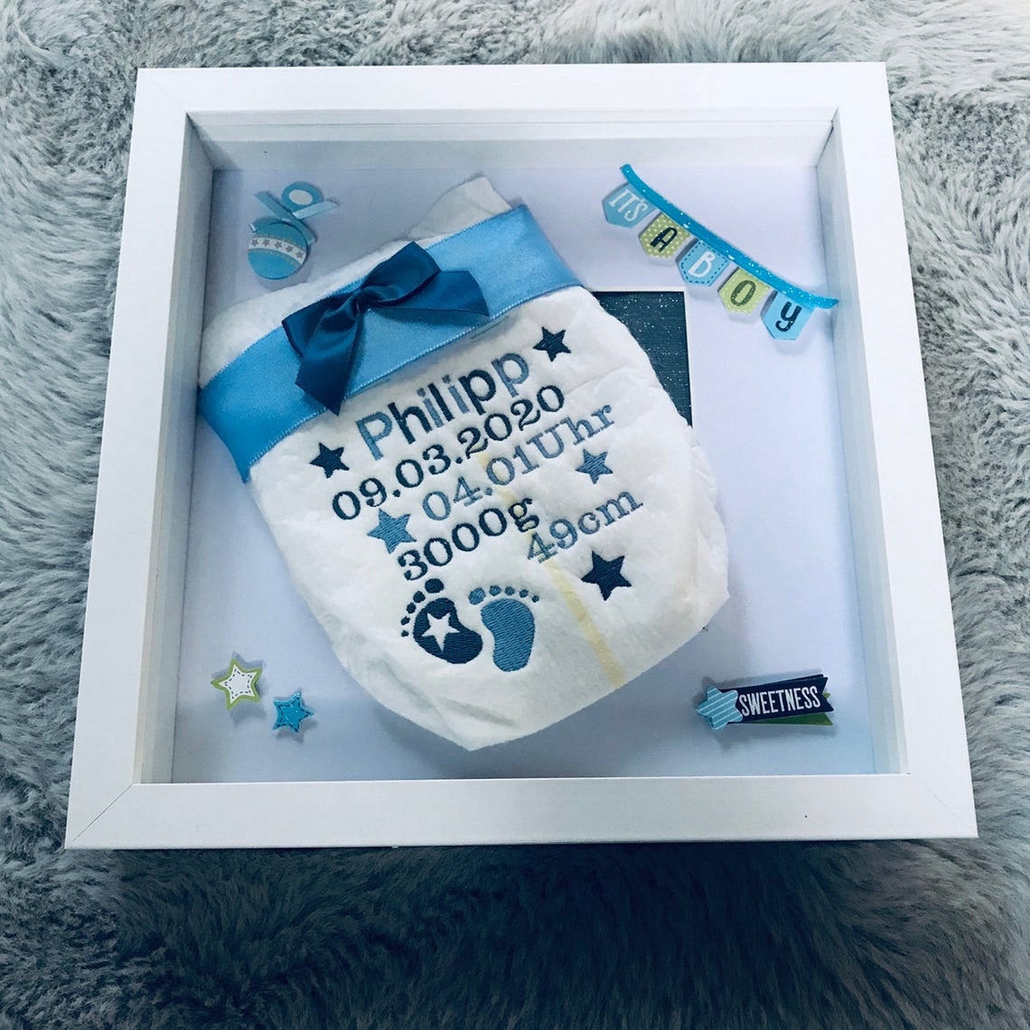 Customized Blue Embroidered Memorial Diaper in Frame Handmade Etsy
