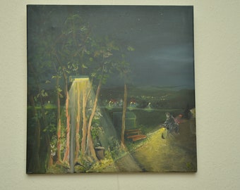 Acrylbild auf Leinwand, Nachts am Weg, nächtliche Stimmung. Fahrrad mit Beleuchtung