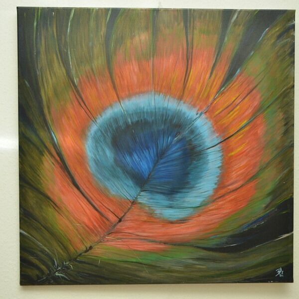 Peinture acrylique sur toile, tableau avec plume, oeil de paon