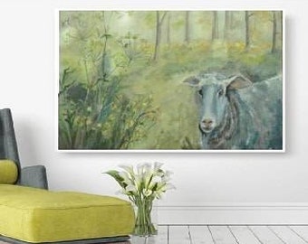 Acrylbild auf Leinwand, original Kunstwerk, Schafgarbe, Bild mit Schaf, grünes Landschaftsbild, Landhausbild, 80x60 cm