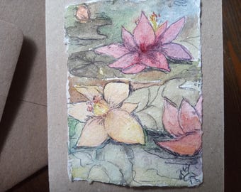 Carte de voeux, carte de félicitations, carte de bon d'achat, carte pliante fleurs. Aquarelle originale signée sur papier vergé fait main.