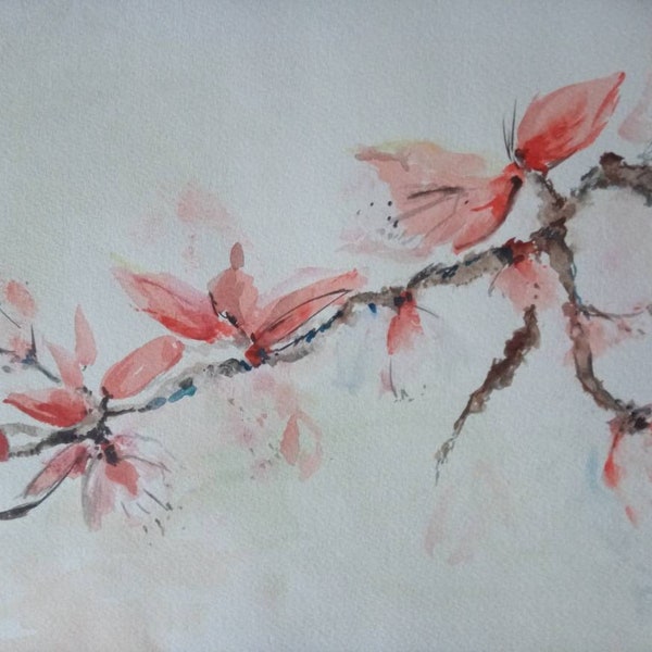 Kirschblüte, Aquarell mit Kirschzweig. Frühling. Japanische Kirschblüte