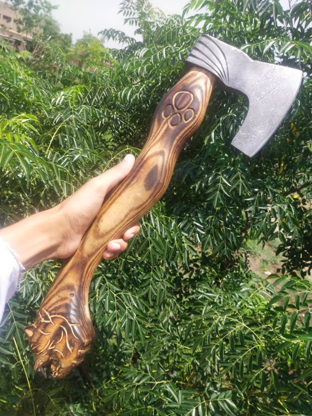 Real Damascus Axe, Handmade Viking Axe, Antique Axe, Gift for Him, Lion