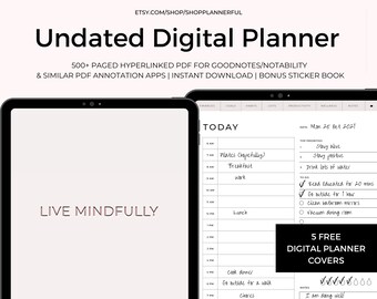 Undated Portrait Digital Planner with Hyperlinks for GoodNotes Notability - Daily, Weekly & Monthly Digital Journal with Sticker Book