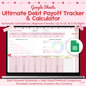 May include: A laptop screen displays a Google Sheets debt payoff tracker and calculator. The title reads "Ultimate Debt Payoff Tracker & Calculator." The spreadsheet includes charts, graphs, and a debt balance distribution pie chart. Text includes "Snowball Method" and "Automatic Calculations."
