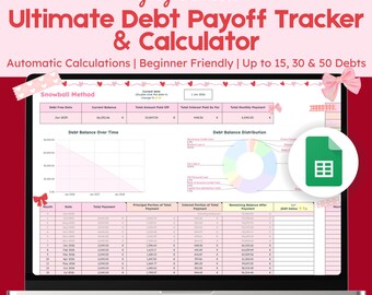 Debt Payoff Tracker: Snowball Avalanche Calculator (Google Sheets Template) | Coquette Cute Pretty Style Personal Finance Template