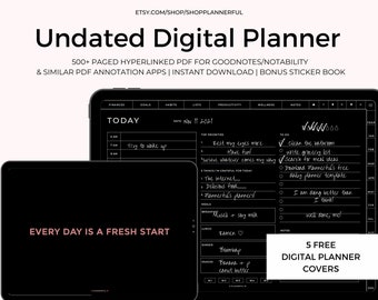 May include: Black digital planner on a tablet with the text "Undated Digital Planner" and "Every Day Is A Fresh Start." Includes a bonus sticker book and 5 free digital planner covers. The planner has sections for finances, goals, habits, and more.