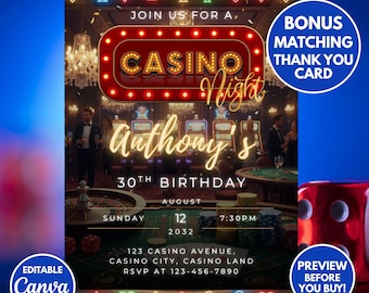 Edytowalne zaproszenie urodzinowe w kasynie: motyw Vegas (szablon Canva)
