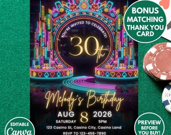 May include: A neon-themed birthday invitation with the text "You're Invited to Celebrate! 30th" and "Melody's Birthday." The design includes a casino-style graphic with hearts, spades, clubs, and diamonds. Includes a bonus thank you card.