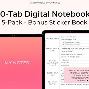 May include: Digital notebooks on tablets. The image shows a 20-tab digital notebook pack with a bonus sticker book. One tablet displays "My Notes" on a pink background, while the other shows notes on "Risk Assessment". The text reads "Special Bonus: 5 Free 'Live Mindfully' Digital Covers".