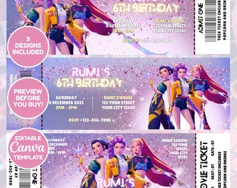Editable KPop Ticket, Kpop Demon Hunters Birthday Party Invitation, Kpop Concert Ticket Canva Template, Digital Party Invite, Anime Party