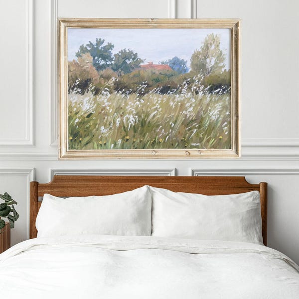 Pintura al óleo original en verde salvia, estilo rústico, ideal para decorar la pared sobre la cama. Obra de arte extragrande. Paisaje. Regalo.