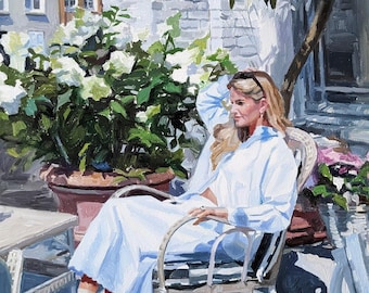 May include: An oil painting depicting a person with blonde hair sitting in a wicker chair outdoors. The person wears a light blue button-down shirt and a matching skirt, paired with white socks and white shoes. A large potted plant with white flowers.
