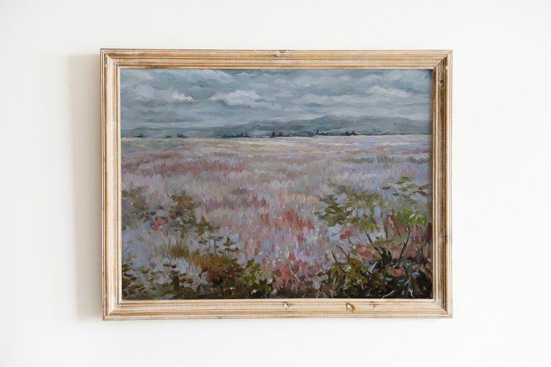 Flower field ORIGINAL oil painting, Impasto painting landscape, Muted Yellow Nature Scenery Painting, Farmhouse Kitchen Decor Vintage STYLE image 1