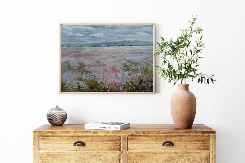 Flower field ORIGINAL oil painting, Impasto painting landscape, Muted Yellow Nature Scenery Painting, Farmhouse Kitchen Decor Vintage STYLE image 3