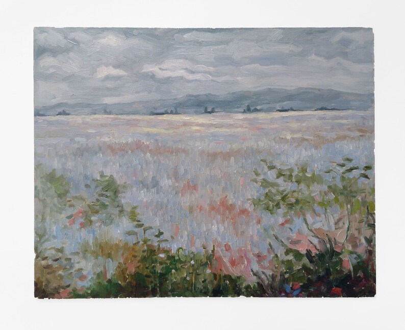 Flower field ORIGINAL oil painting, Impasto painting landscape, Muted Yellow Nature Scenery Painting, Farmhouse Kitchen Decor Vintage STYLE image 5