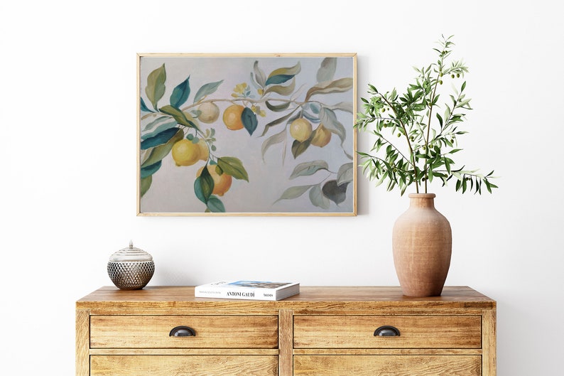 Lemon tree ORIGINAL oil painting, Still life for kitchen wall art, Neutral oil painting , Rustic Wall Art ,Vintage STYLE, gift for her 11x14 image 3