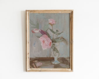 Peony ORIGINAL oil painting,Floral Still life, Neutral oil painting, Rustic Wall Art, gift for her 11x14