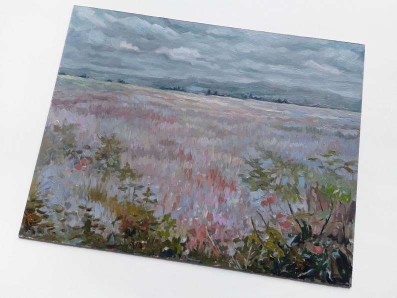 Flower field ORIGINAL oil painting, Impasto painting landscape, Muted Yellow Nature Scenery Painting, Farmhouse Kitchen Decor Vintage STYLE image 10