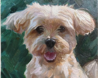 May include: An oil painting of a small, light tan dog with floppy ears and a dark nose. The dog has an open mouth showing a pink tongue, and the fur is rendered with visible, textured brushstrokes. The background is a deep, dark forest green.