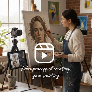 May include: A woman painting a portrait on a canvas, with a camera and tablet set up for recording. The text "Video process of creating your painting" is overlaid on the image. The artist wears a denim apron and holds a palette.