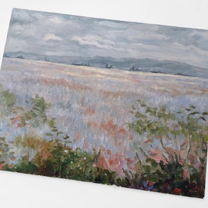 Flower field ORIGINAL oil painting, Impasto painting landscape, Muted Yellow Nature Scenery Painting, Farmhouse Kitchen Decor Vintage STYLE image 6