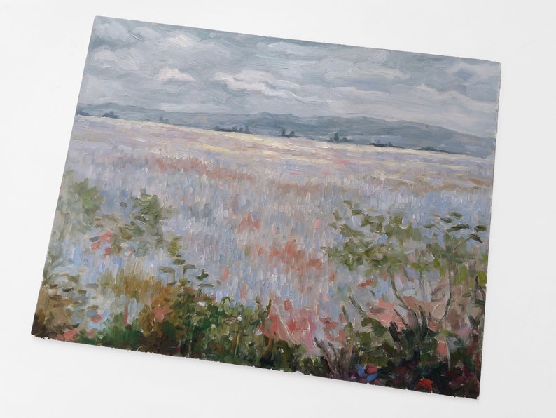 Flower field ORIGINAL oil painting, Impasto painting landscape, Muted Yellow Nature Scenery Painting, Farmhouse Kitchen Decor Vintage STYLE image 6