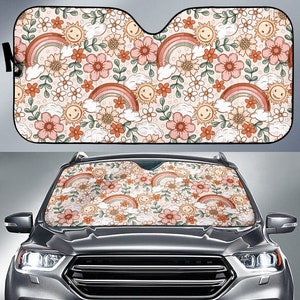 Rainbow Flowers Car Sun Shade, Windshield Sun Shade, Sun Shade Panel, Sun Shade For Car, Car Sun Shade Cute, Car Sun Visor Cover, Car Decor