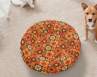 Retro Dog Bed, Calming Cat Bed, Orange Pet Bed, Cute Cat Bed, Soft Round Bed For Pets, Pet Accessories, Washable Pet Bedding, Donut Dog Bed