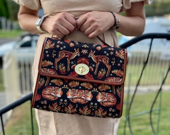Deers and Foxes Purse, Satchel, Cottagecore Handbag, Witchy Canvas Satchel Bag, Canvas Crossbody Bag, Cute Shoulder Purse, Fairy Forestcore