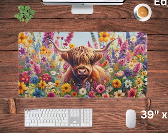 Highland Cow Desk Mat, Cottagecore Desk Mat, Wildflowers Large Gaming Mouse Pad, Floral Desk Mat Cute, Keyboard Wrist Rest Home Office Decor