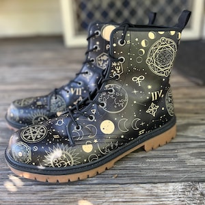 Celestial Boots, Combat Boots Women, Witchy Boots, Handcrafted Boots, Ankle Boots, Boots Womens, Hippie Boots, Celestial Gifts, Astral Print