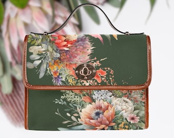 Australian Native Flowers Bag, Satchel Bag, Canvas Crossbody Bag, Vegan Leather Bag, Cute Shoulder Purse, Protea Flowers, Aussie Flora