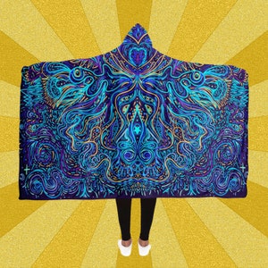 Manta con capucha, capa rave, manta de viaje, manta con capucha de viaje, capa de festival con capucha, manta sherpa, manta psicodélica, manta trippy