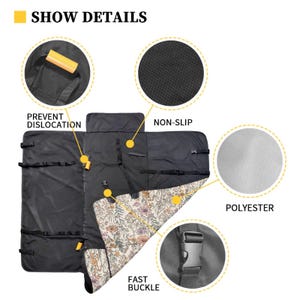 Peut inclure: Housse de si&egrave;ge de voiture noire avec un centre &agrave; motifs floraux et les mots "SHOW DETAILS", "PREVENT DISLOCATION", "NON-SLIP", "POLYESTER" et "FAST BUCKLE". La housse a des sangles, des boucles et une poign&eacute;e.