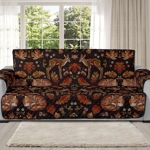 Foxes and Deers Sofa Cover, Quilted Couch Cover, Lounge Pet Protector, Recliner Chair Cover, Cottagecore, XL Couch Sofa Cover, Woodland