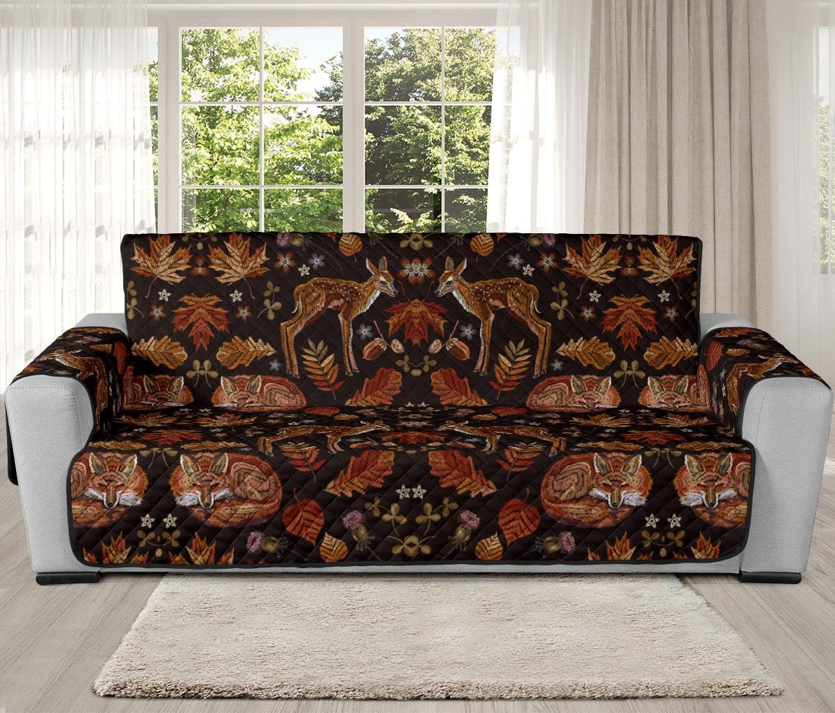 Foxes and Deers Sofa Cover, Quilted Couch Cover, Lounge Pet