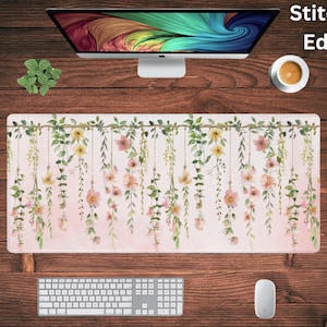 Pink Watercolour Floral Desk Mat, Floral Desk Mat Aesthetic, Desk Mat Cute, Pink Gaming Mat, Keyboard Wrist Rest, Floral Garland Mousepad XL