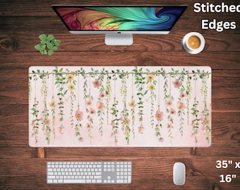 Pink Watercolour Floral Desk Mat, Floral Desk Mat Aesthetic, Desk Mat Cute, Pink Gaming Mat, Keyboard Wrist Rest, Floral Garland Mousepad XL