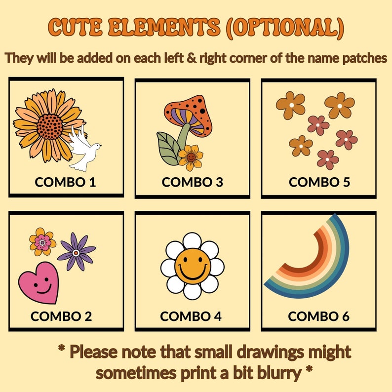 May include: A graphic design sheet with six different cute design options for adding to name patches. The options include a sunflower with a dove, a heart with flowers, a smiley face flower, a mushroom, a rainbow, and a cluster of flowers.