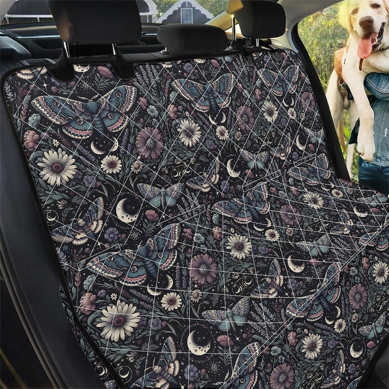 モスペットシートカバー、犬用トラベルシートプロテクター、車用花柄シートカバー、カーシートカバー、後部座席用犬用ハンモック、コテージコア車内装飾 white