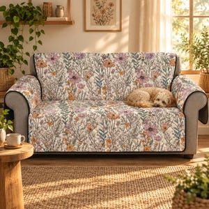 Meadow Flowers Couch Cover for Dogs and Cats, Cottagecore Quilted Sofa Protector, Washable Recliner Cover