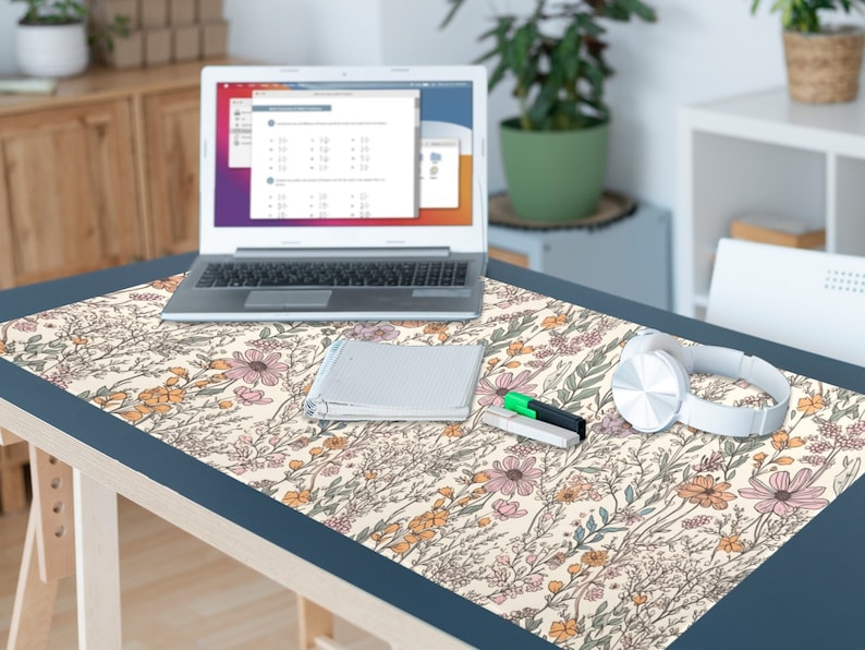 floral desk pad on a desk in the house