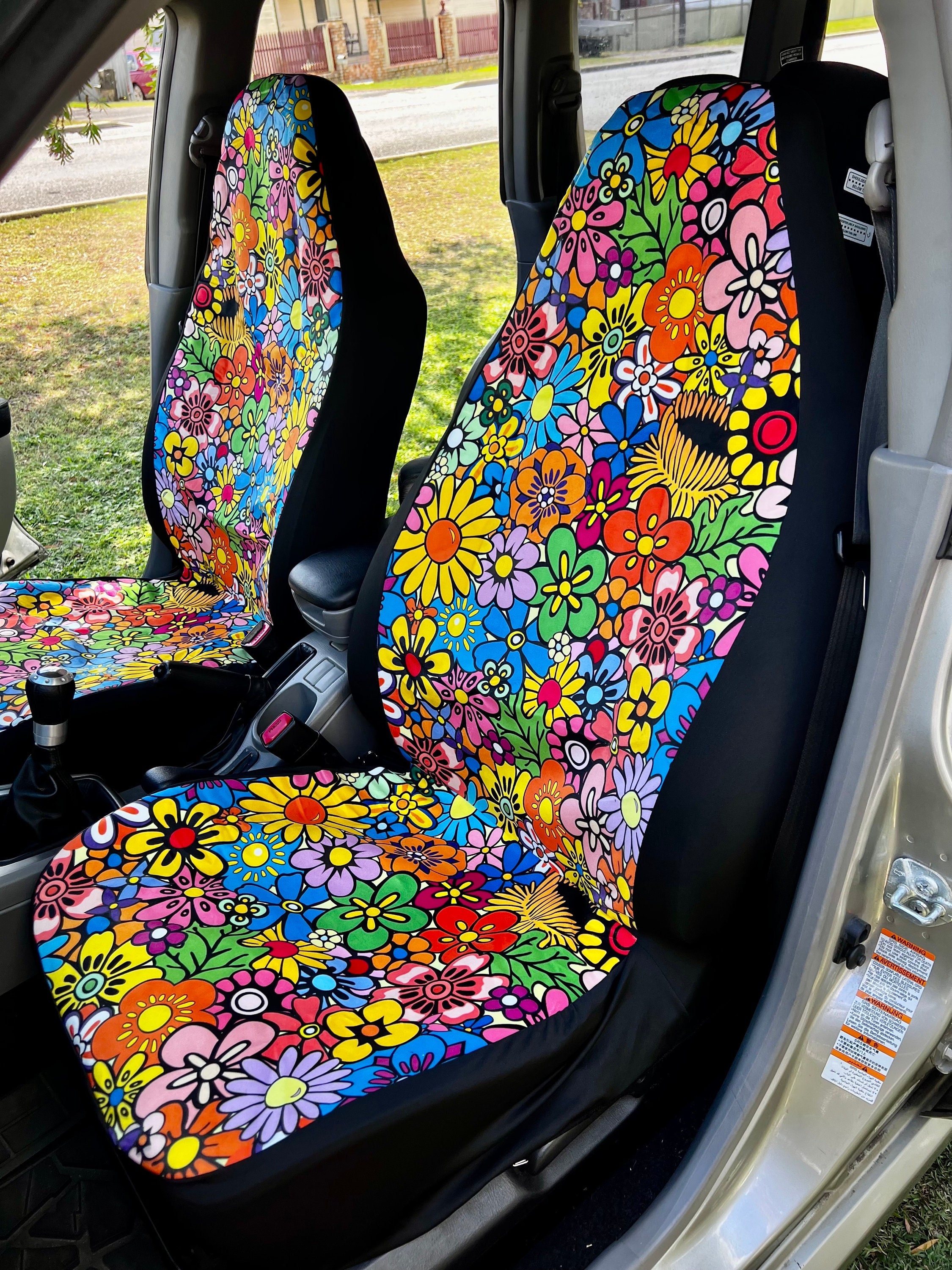 Retro Bunte Lächelnde Blumen Auto Sitzbezüge Hippie Auto Dekor